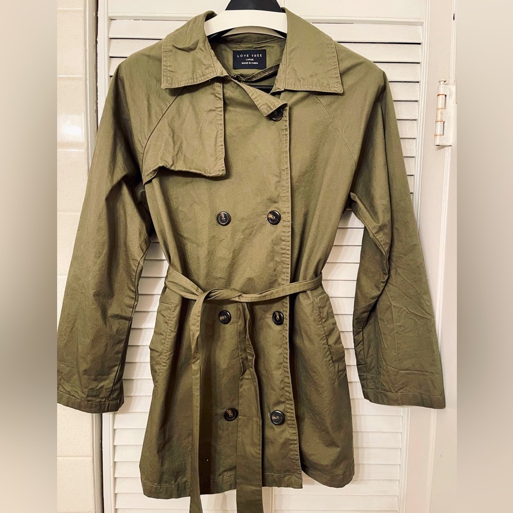 Love Tree | Double Breasted Olive Green Trench Coat w/ Belt Size Large